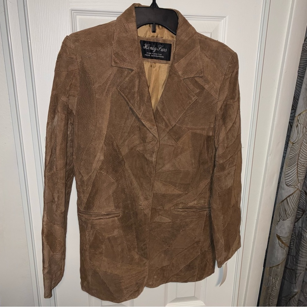 Henig Furs Brown Suede Patchwork Leather Lapel Blazer Jacket Single Breasted
